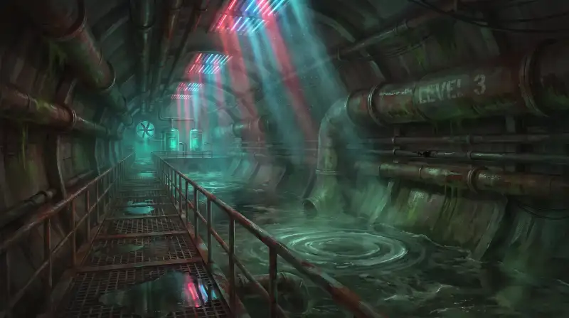 A condemned grated walkway above a channel of dark coolant sludge, neon from the street grates far above fading to a murky green