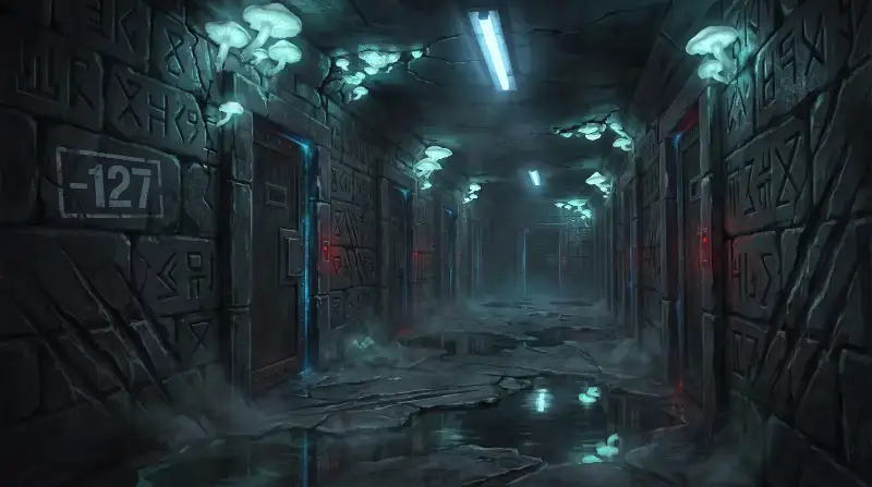 A silent corridor of black stone carved with unreadable symbols, sealed cell doors on both sides, pale fungus light along the ceiling and long blade scrapes in the floor