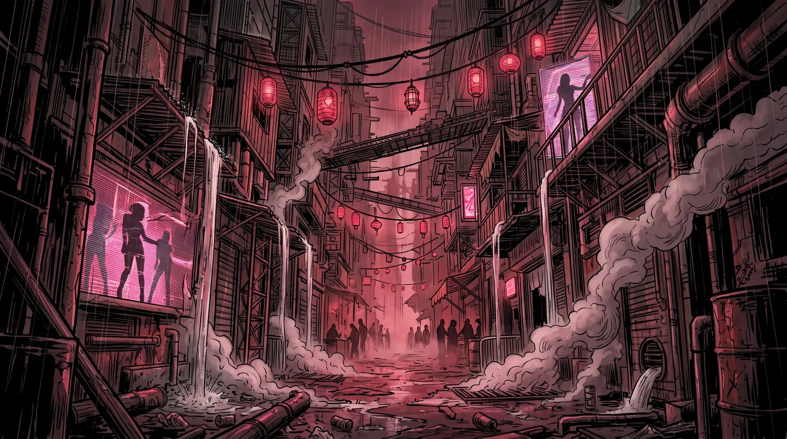 Velvet Alley at night: crimson lanterns strung on sagging cables over a narrow wet street, steam rising from vents, glitching holograms in doorways, small figures in the red haze