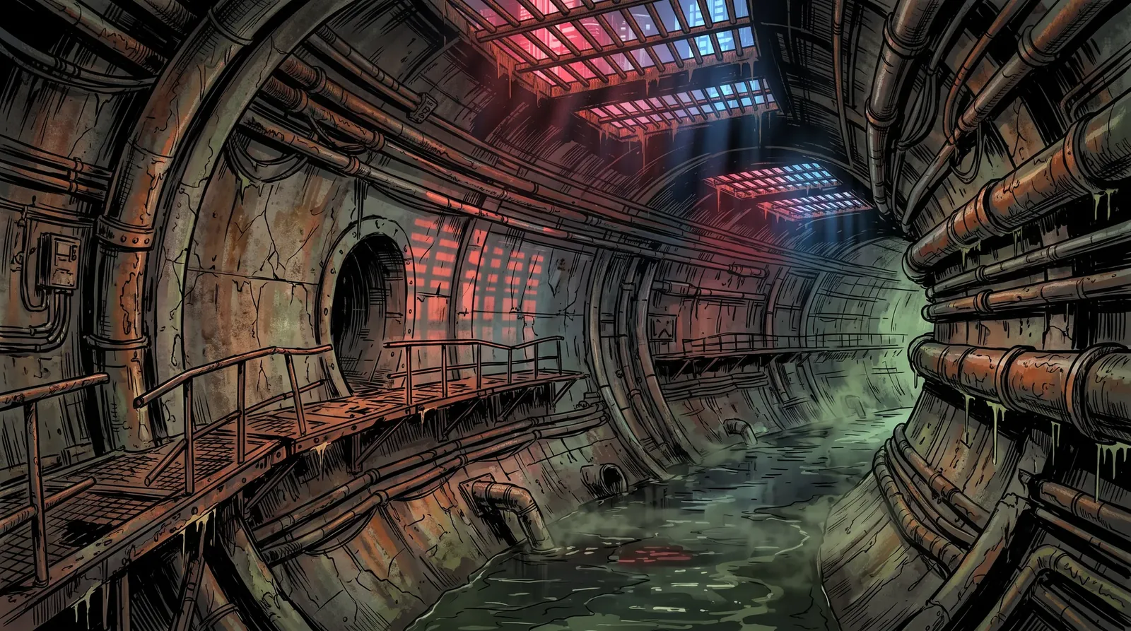 A colossal wastewater channel in the Canalworks: a rusted walkway with broken railings above a river of green coolant, huge pipes along the walls, stripes of red and blue neon falling through grates in the ceiling