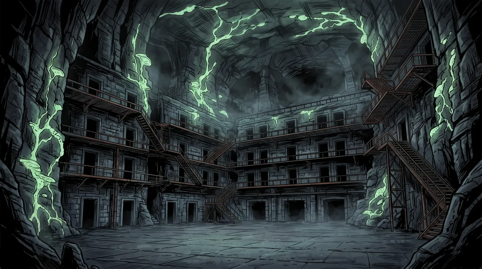 A vast open atrium of black stone with levels of cell doors opening onto it, iron walkways and stairs between them, pale green fungus light on the walls, the floor bare and empty