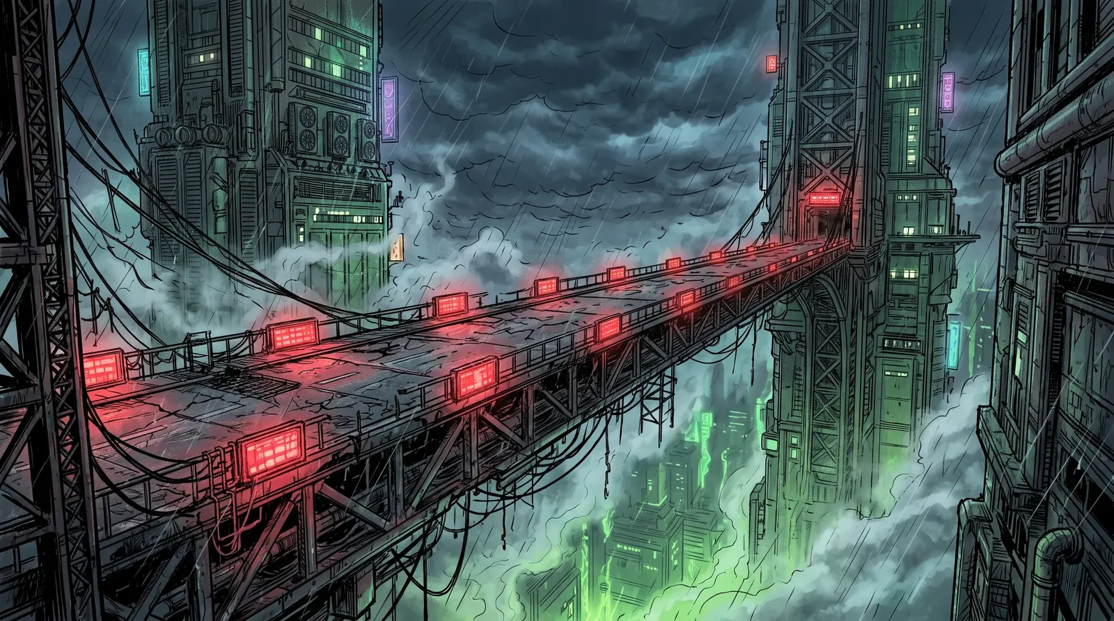 The Sector-7 skybridge in a storm: a long span of steel trusses and cracked plating between two megablock towers, red emergency panels glowing along its rails, cables whipping in the wind, the city glowing green through the cloud far below