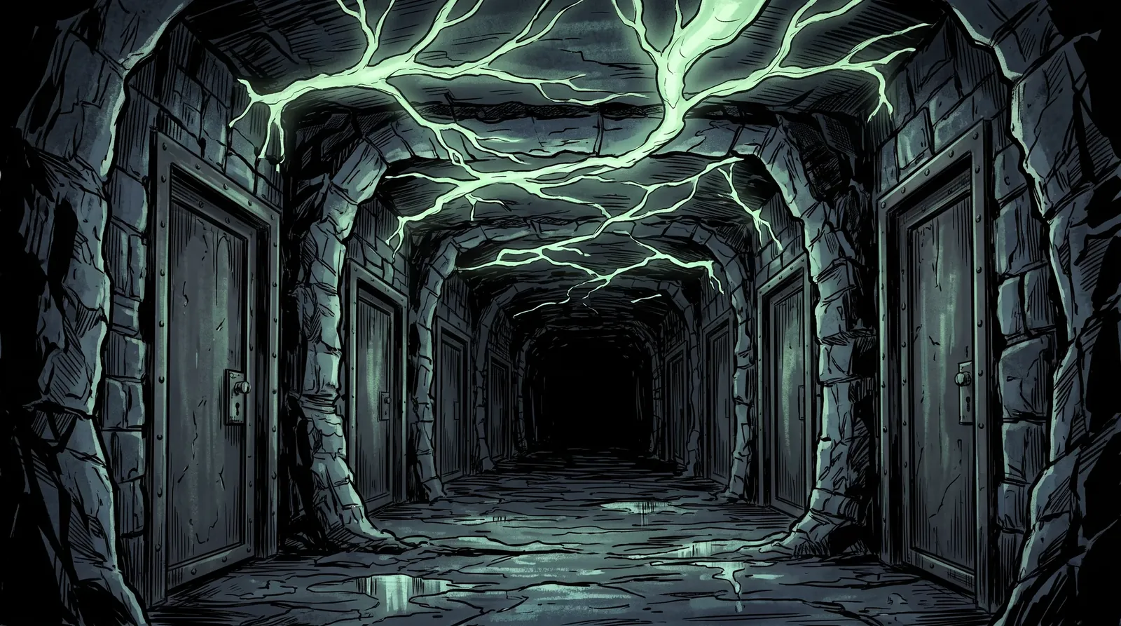 A prison corridor cut from rough black stone, heavy dark-alloy cell doors down both walls, pale green fungus glowing in veins across the ceiling
