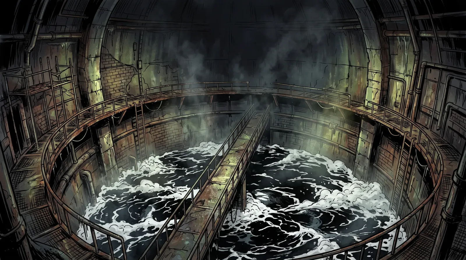 A vast round cistern in the Canalworks seen from its maintenance ring: a narrow bridge crossing black water streaked with white foam, rusted railings, the far wall lost in the dark