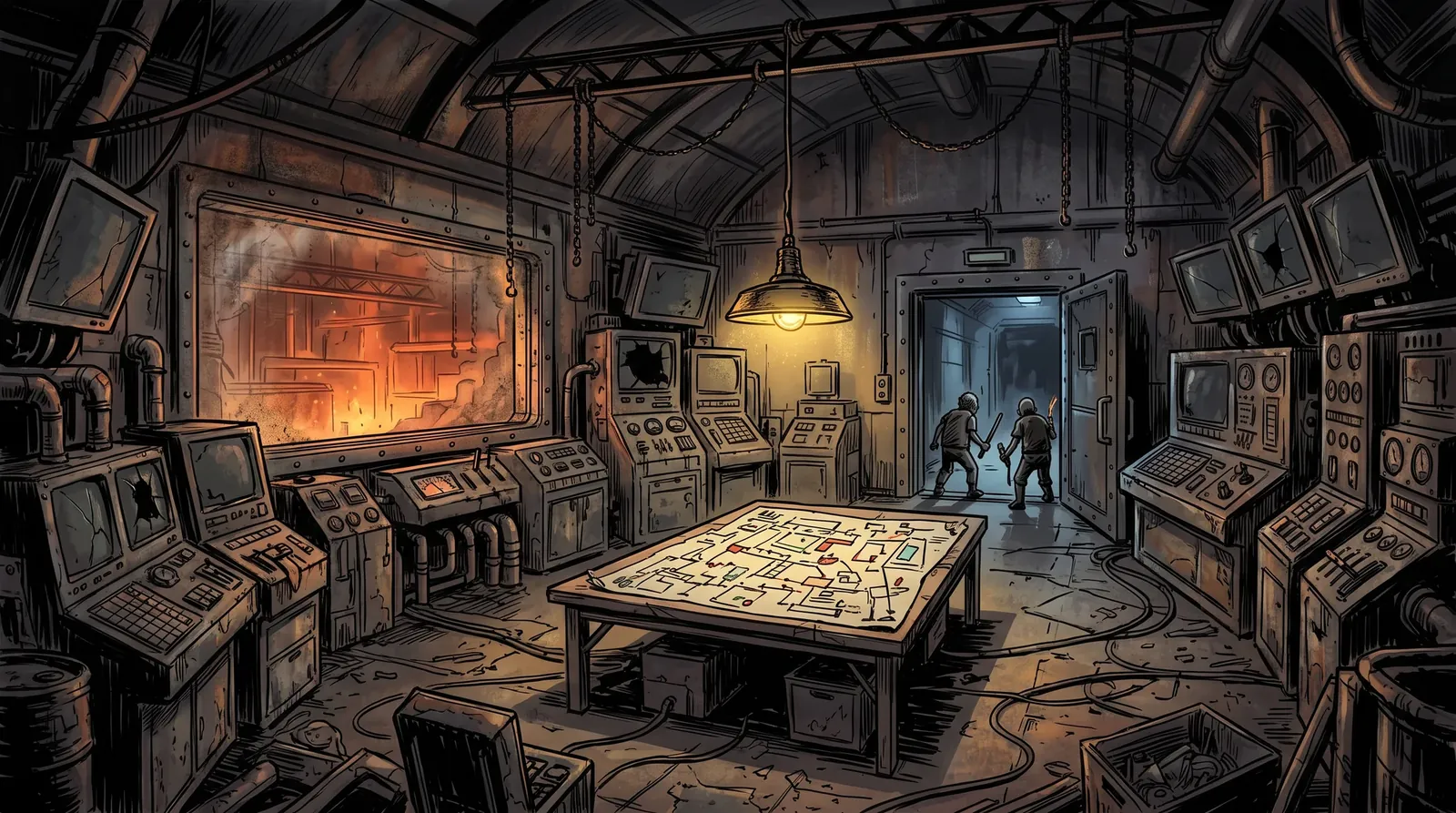 An old foundry control room: banks of consoles with dead screens, a map of factory layouts under a work lamp, a wide pane looking over the glowing factory floor, two figures on guard at the door seen from behind