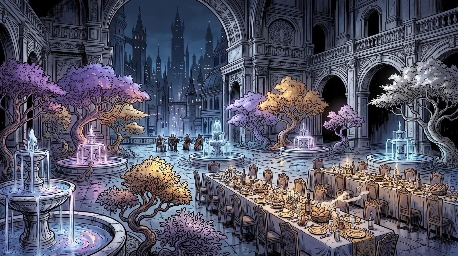 The Palace courtyard: glowing trees in violet, gold and silver light around a marble fountain, long tables set with crystal and gold, a string quartet small in the distance