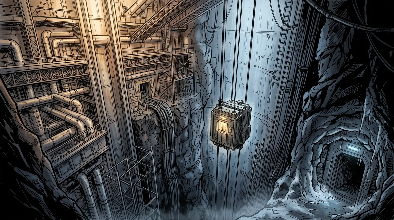 An elevator car hanging on its cables in a deep shaft: warm white-gold steel on one side, pale blue black stone on the other, a doorway into a stone corridor at the bottom
