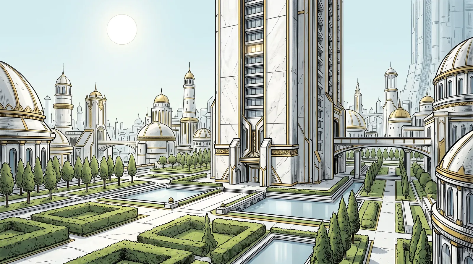 District 3 of the Zenith: a white marble high-rise with gold trim rising over perfect formal gardens, one window lit, a hard artificial sun in a clean sky