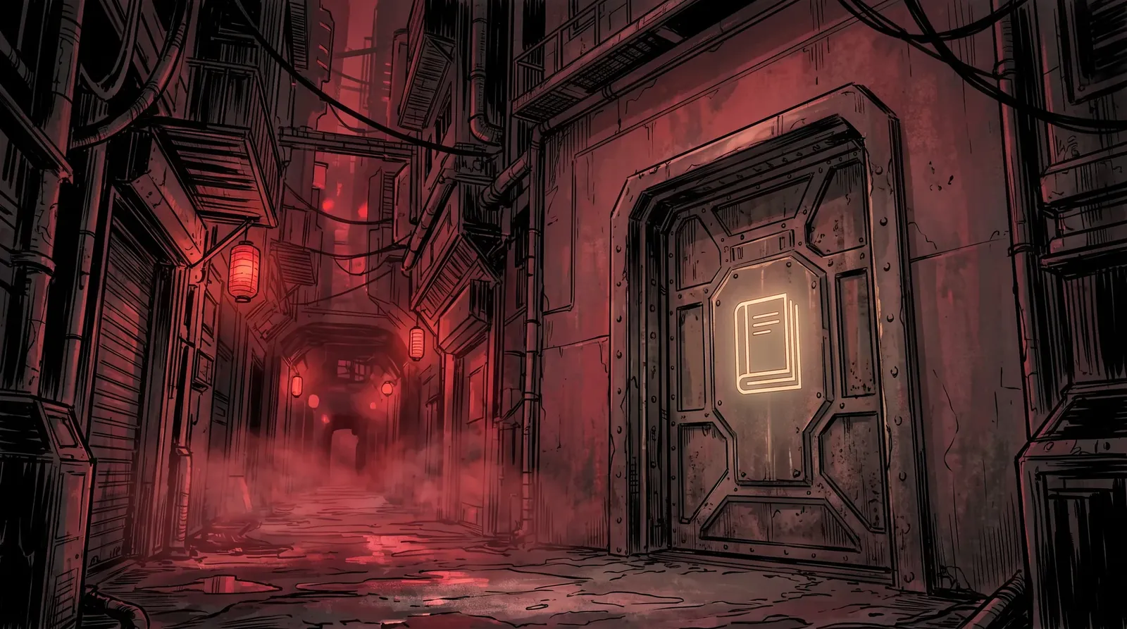 The end of Velvet Alley: a heavy plated door set in a plain wall, one softly glowing gold sigil of a ledger on it, the alley in red haze and lantern light beside it