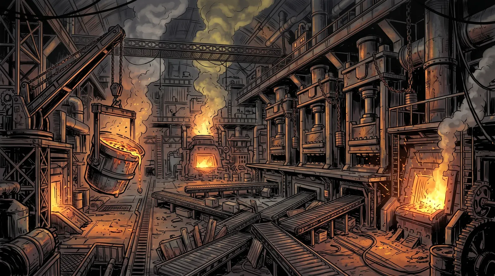 A Foundry production floor with nobody on it: a slag ladle rigged on a crane arm, a row of hydraulic presses, conveyor belts tipped over into barricades, furnace mouths glowing through the smoke
