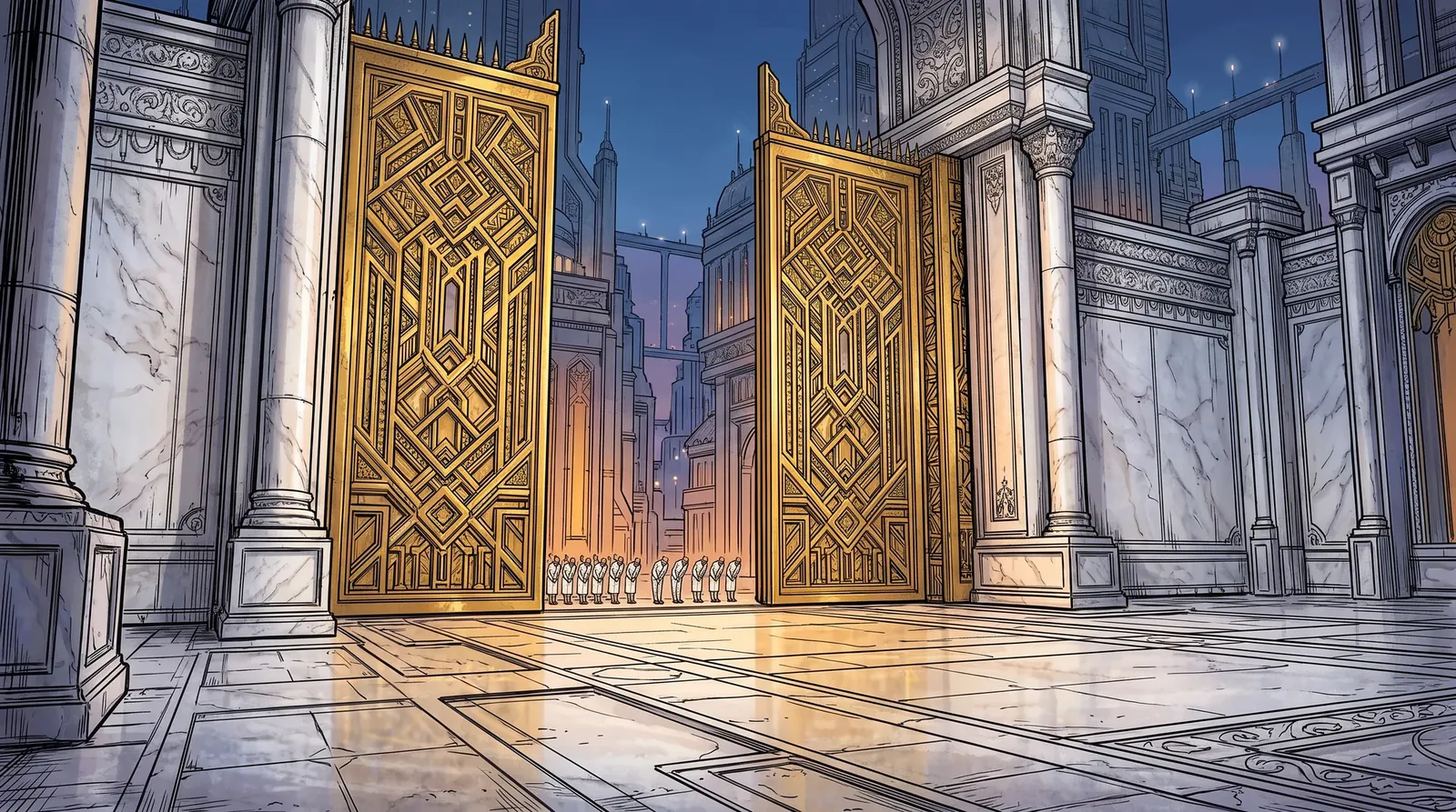 The golden gates of the Palace of the Angelic Guard standing open between white marble pillars, amber light spilling out, a line of servants in white bowing in the distance