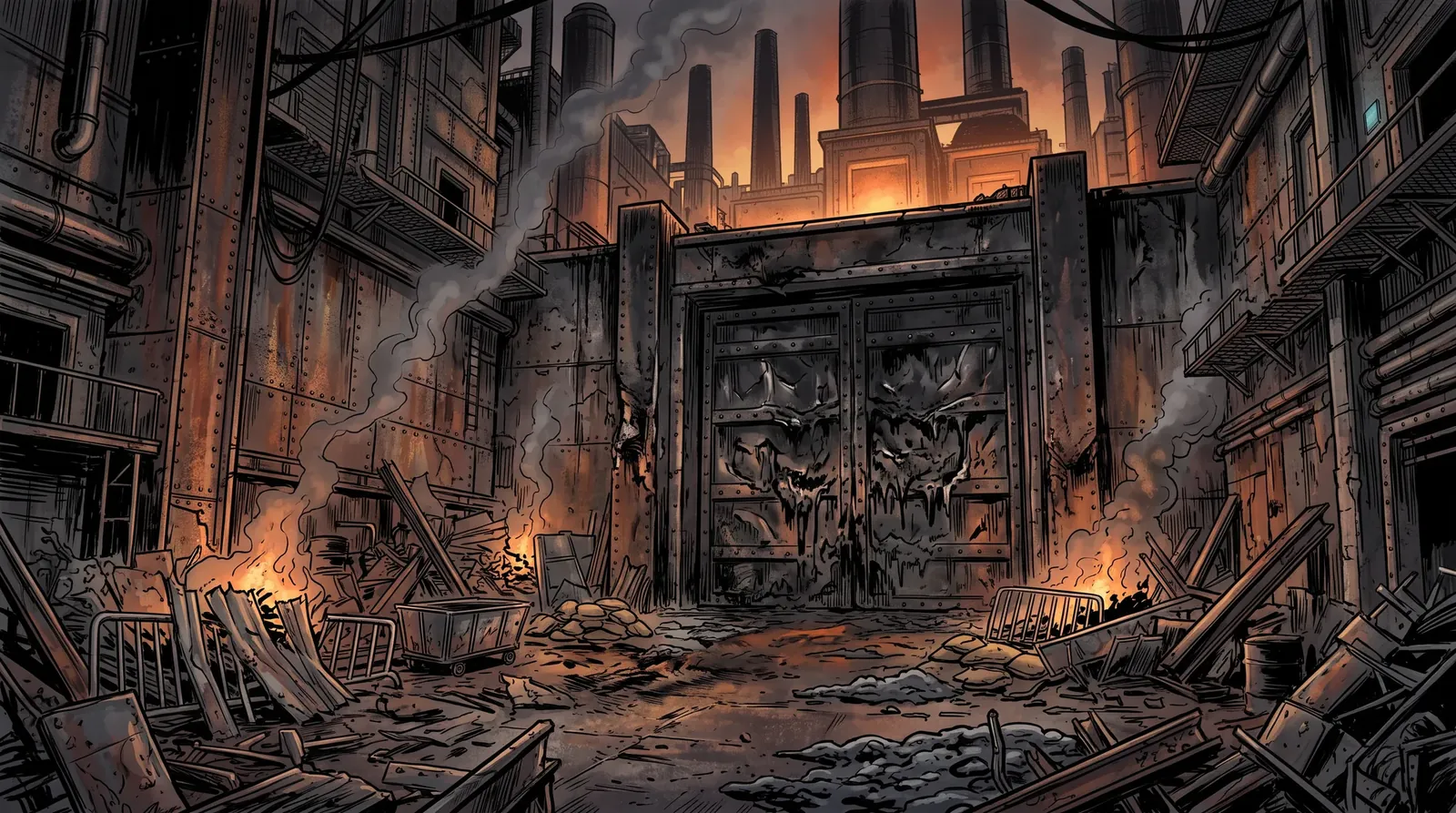 The east gate of a Foundry factory: a half-melted steel gate between scorched walls, shredded barricades of scrap and plating heaped in front of it, smokestacks glowing beyond