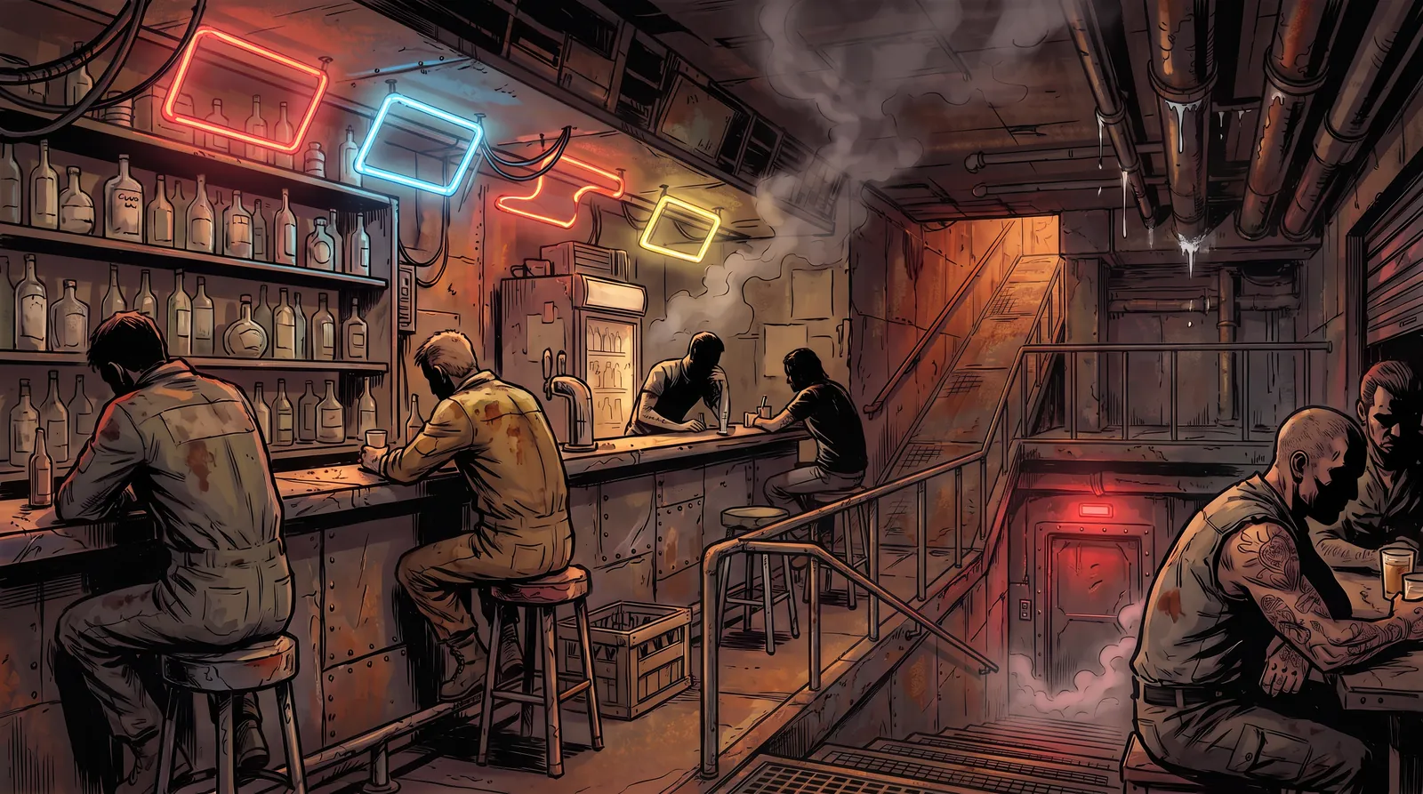 Inside Gorgon’s Bar: workers hunched at a rusted bar under neon shapes, and behind it a service ramp running down to a dented steel door lit red, steam curling at its foot