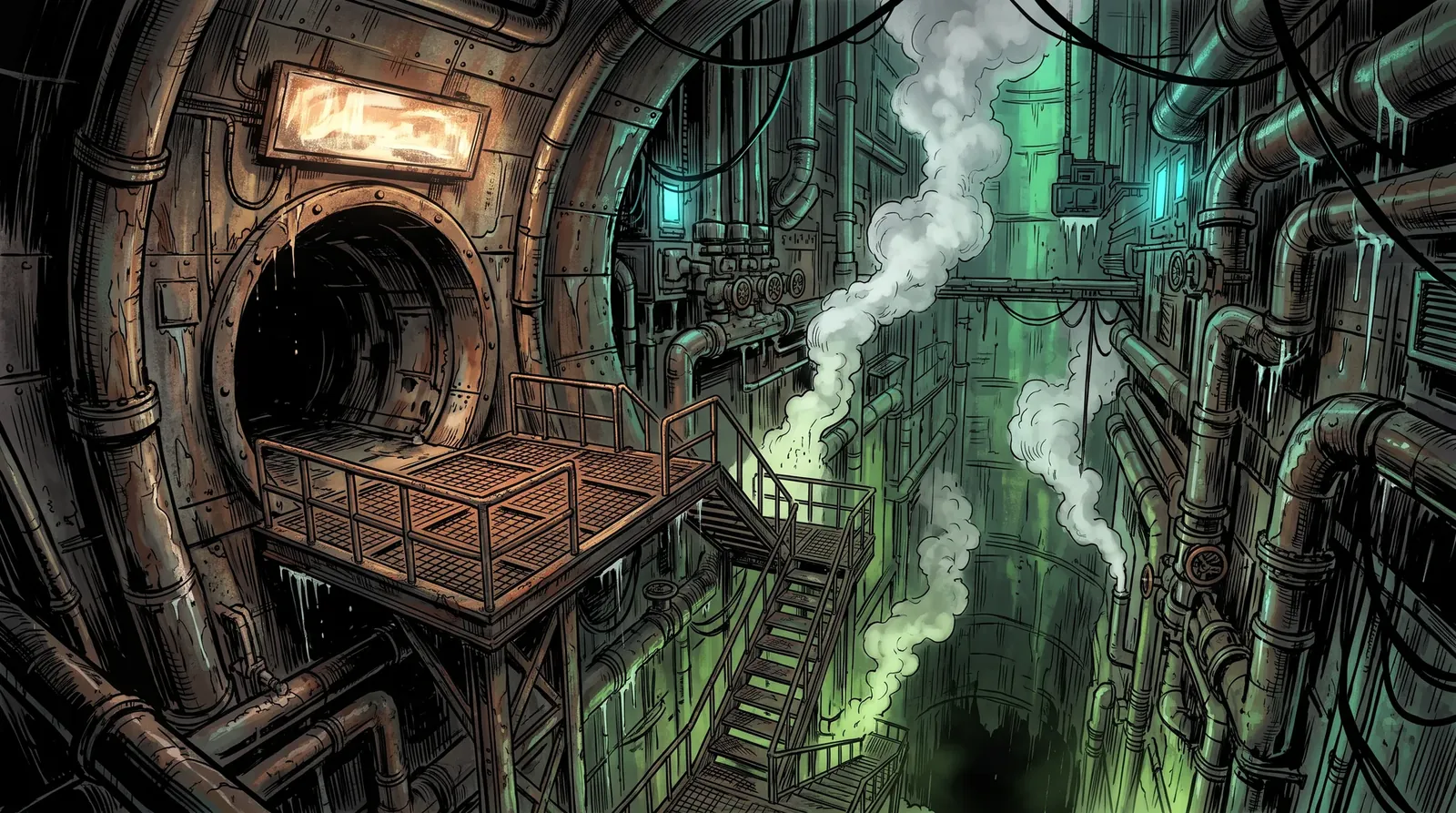 A grated maintenance platform at the mouth of a tunnel under a flickering sign, railings around a deep chasm where steam vents send white plumes up from the dark lower levels of the Canalworks