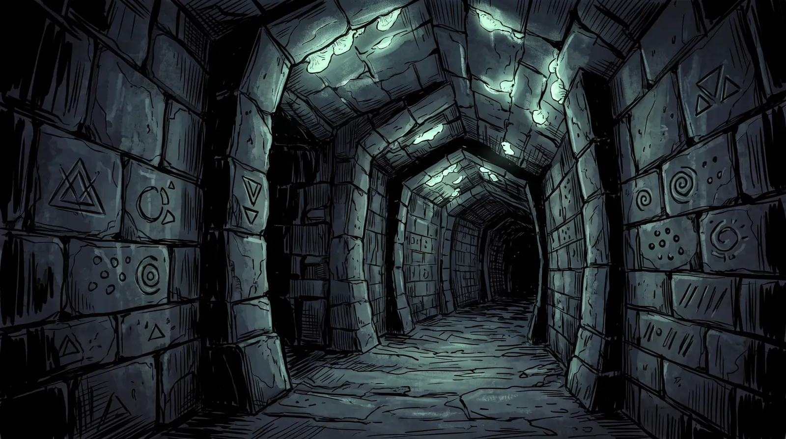 A corridor of black stone whose walls and ceiling lean at slightly wrong angles, strange symbols of triangles, broken circles and spirals carved into the blocks, pale fungus glowing along the ceiling