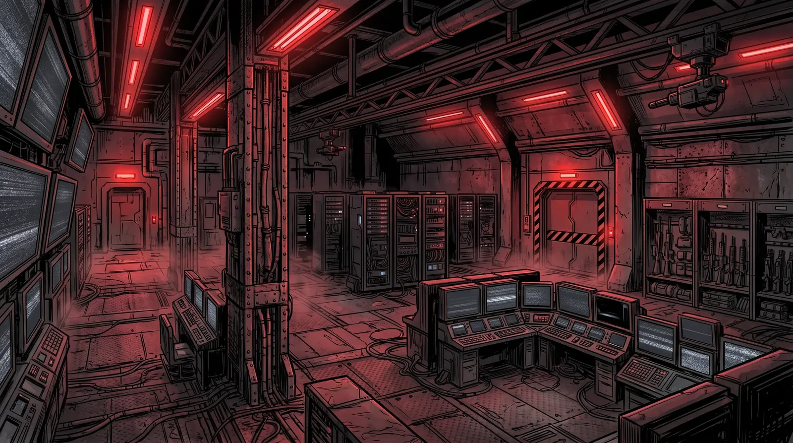 A security floor lit in harsh crimson emergency light: rows of server racks, monitoring stations with dark screens, thick reinforced pillars, weapon racks on one wall and a turret on its ceiling track