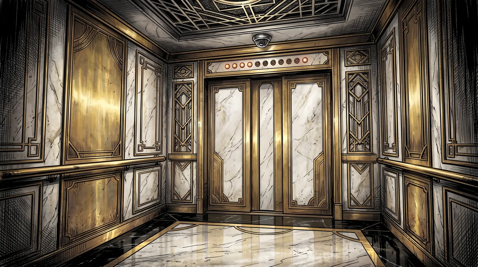 The inside of an elevator car in white marble and gold, its doors shut, a row of small indicator lamps glowing above them
