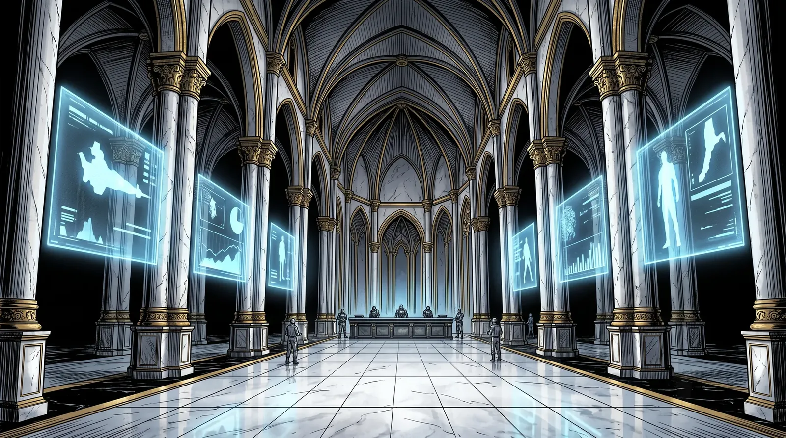 A lobby of polished marble under gothic vaults in white and gold, holographic displays glowing blue between the columns, a security desk with small guards at the far end