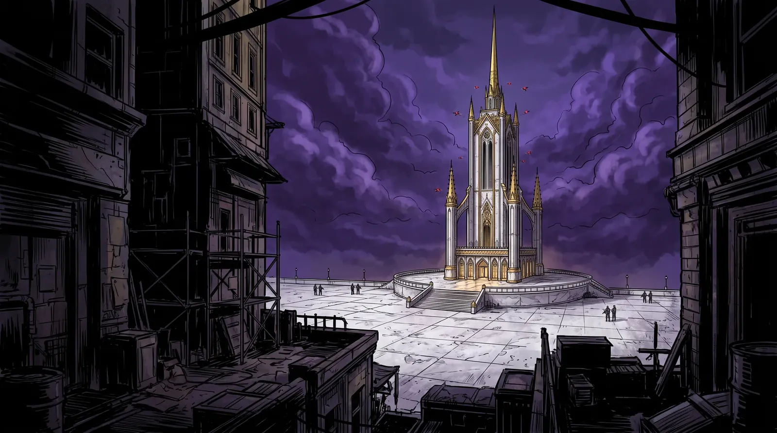 The Siphon Spire at midnight seen from the shadow of a side street: the white gothic tower with its gold needle across a marble plaza under purple cloud, small patrols on the perimeter, drones circling