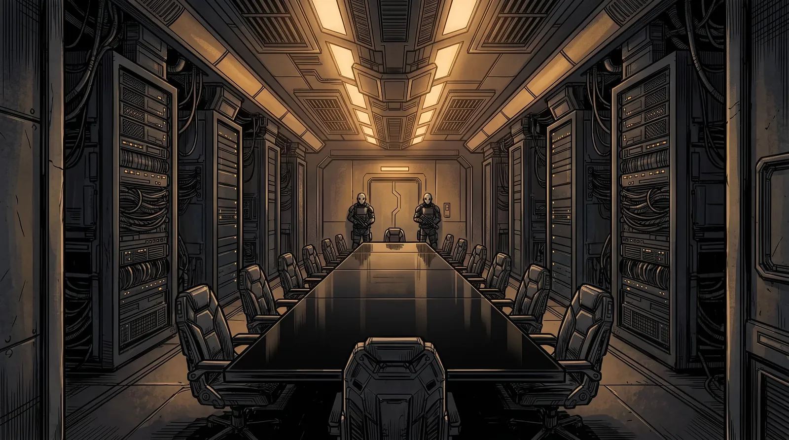 A long room in warm, even light: a long black obsidian table down the middle, tall silent server pillars lining both walls, two masked guards standing far off at the end
