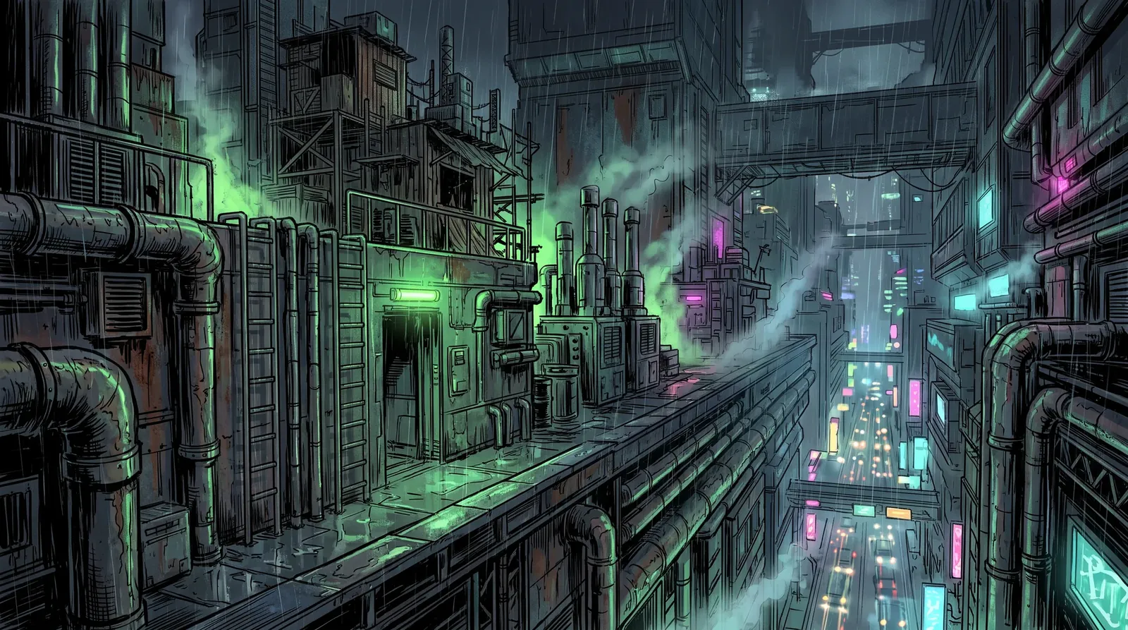 A rooftop ledge in Sector-7 in the rain: fat service pipes, ladders and vent stacks on a narrow roof, the drop beside it falling away to streams of traffic lights far below, megablocks and walkways fading into green smog