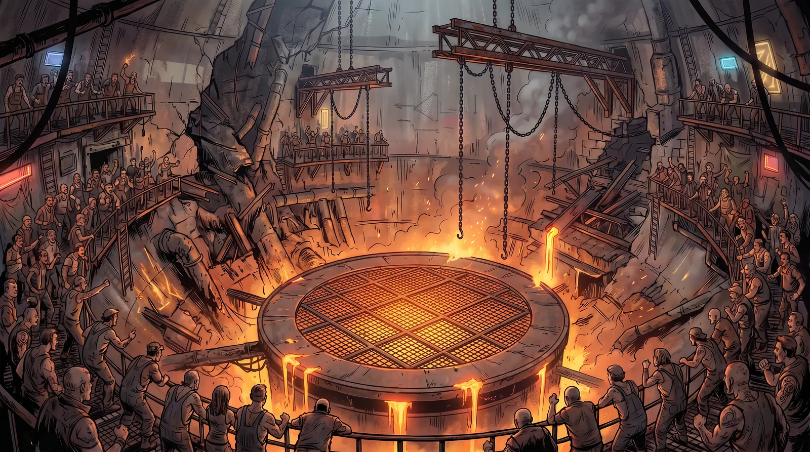 The Slag Pit: a crowd packed along broken balconies and catwalks around a round grated arena floor glowing with molten drip-lines, chains hanging from a gantry above