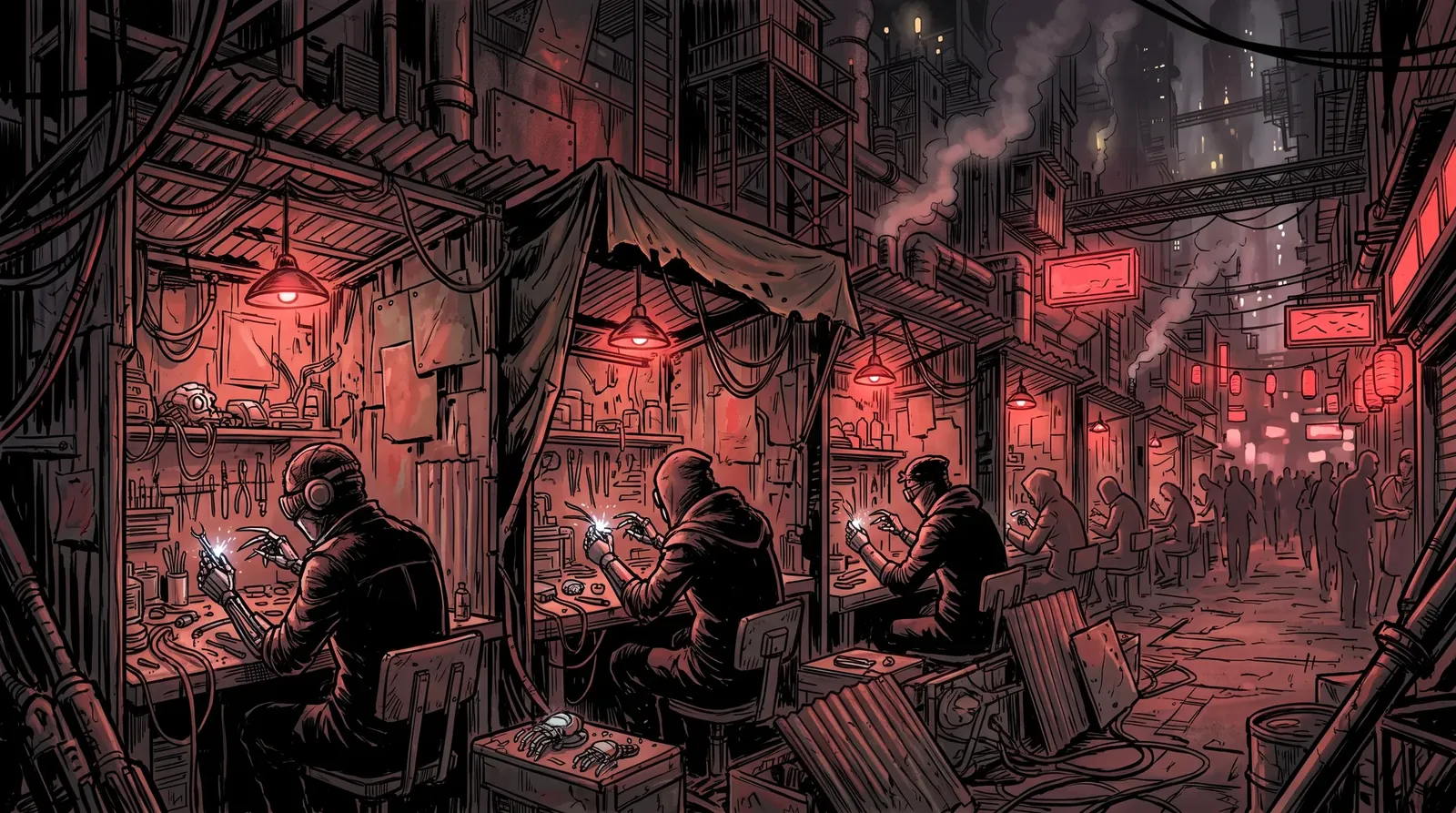 A row of makeshift booths in Velvet Alley: mechanics seen from behind at cluttered benches, thin metal claws where their hands should be, parts and tools hanging under red light