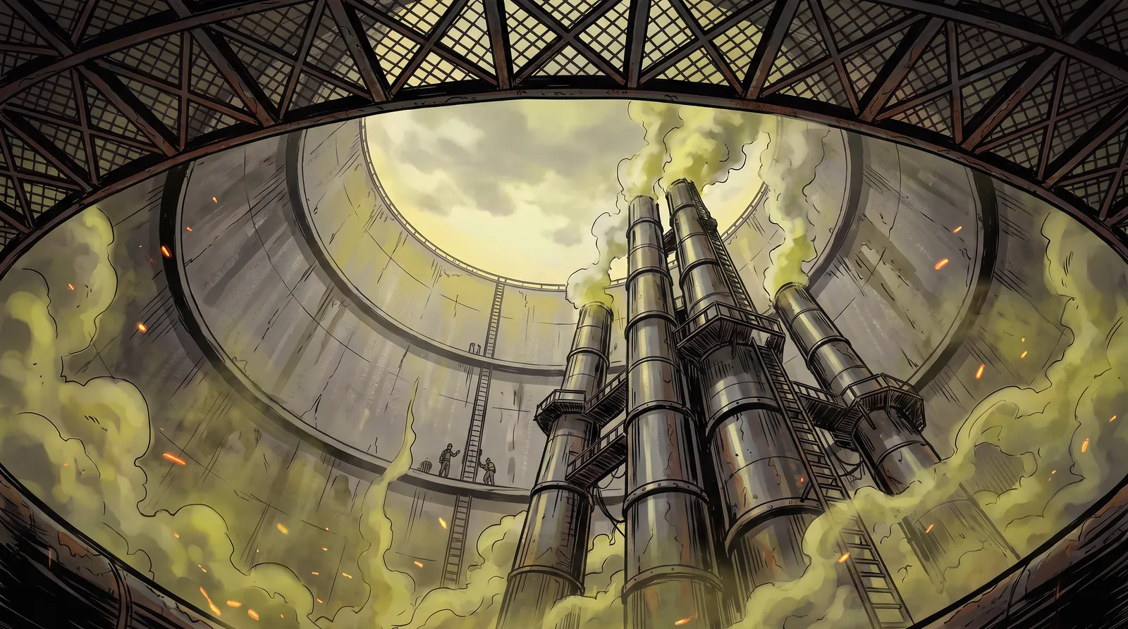 Looking up through the latticework ceiling of the tower at the great smokestacks of Smokestack Way, yellow chemical fog pouring past toward the circle of sky