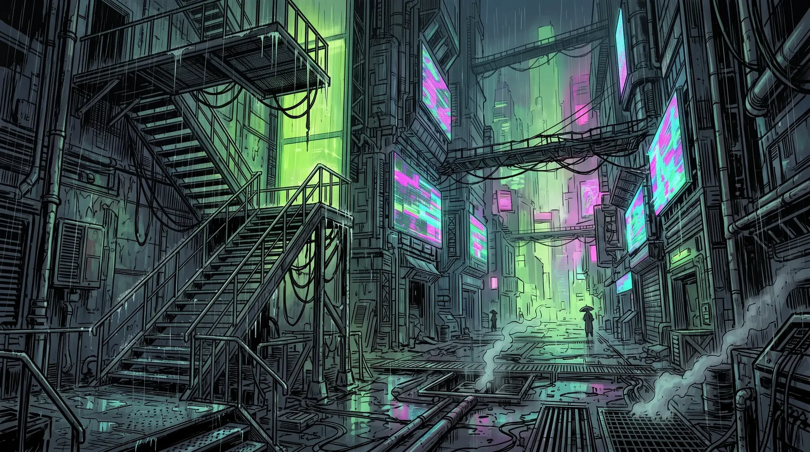 The foot of a wet metal stairwell in Sector-7 at night: grated steps coming down from a platform into a narrow street, towers hung with glitching holo-ad panels, walkways strung between them, two small figures under umbrellas in the green haze
