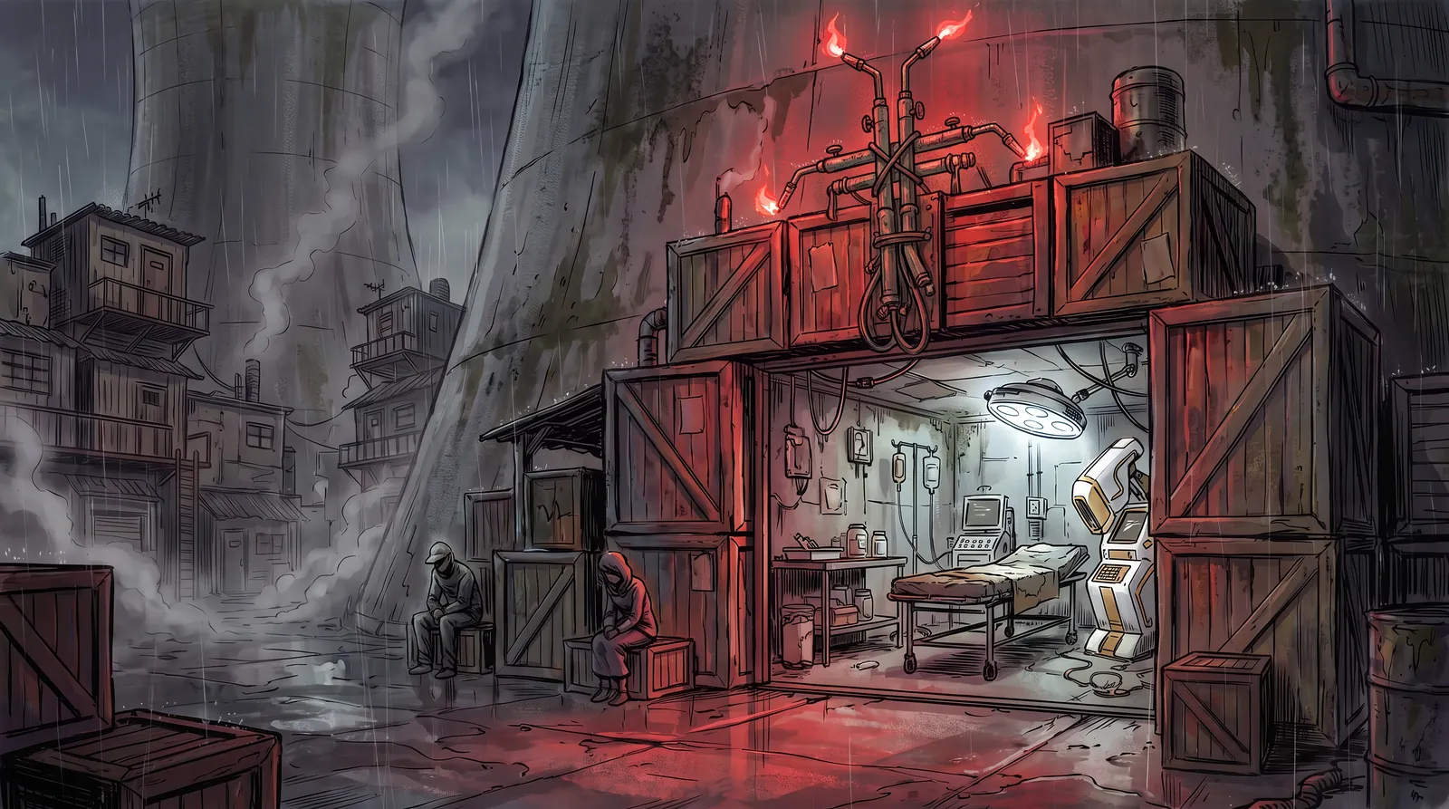 Doc Stitch’s clinic at the edge of the square: a wall of crates topped by a red cross of welding torches, a cramped back room of improvised med gear lit white inside, people waiting on crates in the rain