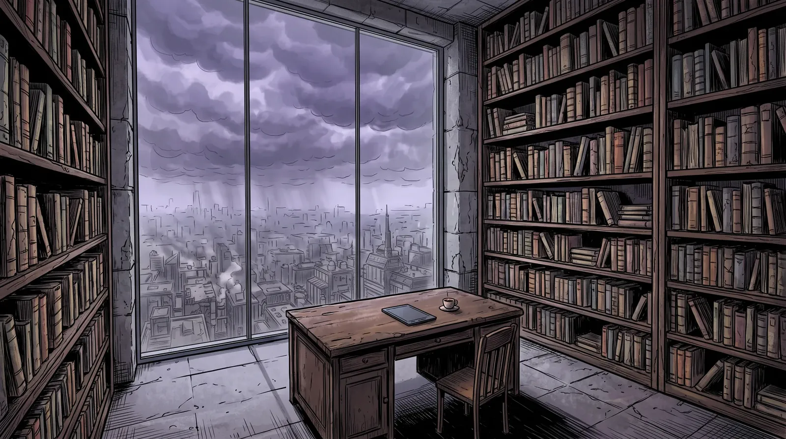 A plain stone study lined floor to ceiling with old books, a bare dark-wood desk with a datapad and a cup on it, and a tall wall of glass looking down on a smog-covered city under purple cloud