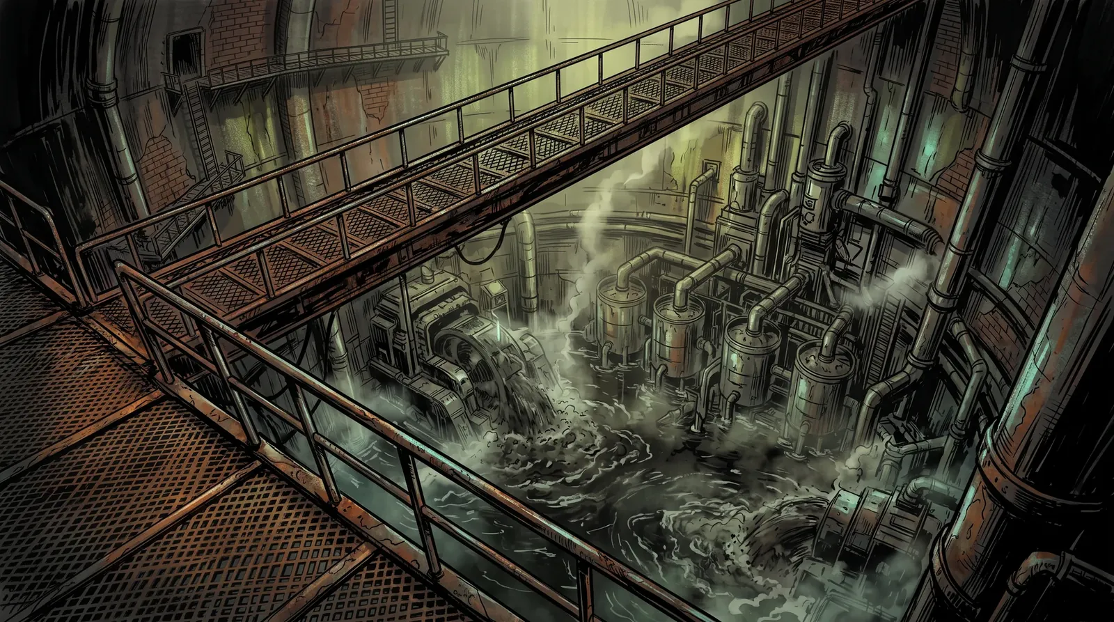 Seen from a grated walkway above: great turbines churning dark sludge in a flooded chamber of the Canalworks, filtering tanks and pipes behind them, green light on wet steel