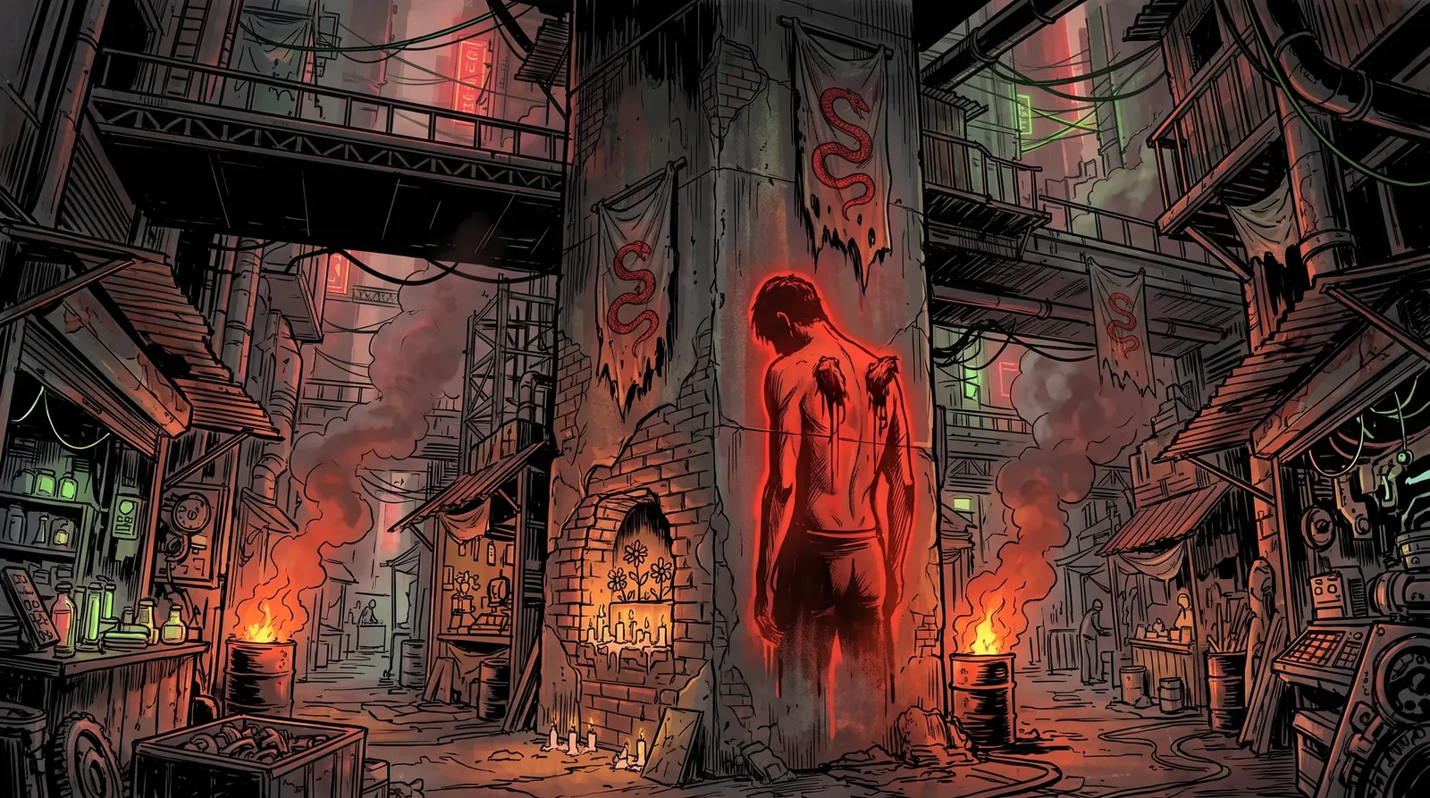 The Underwalk in Sector-7: a narrow passage under raised walkways lit by fire barrels, a glowing scarlet mural on a concrete pillar of a figure seen from behind with ragged stumps where its wings were, banners with red serpents, vendor stalls and a candle-lit shrine at the foot of the pillar