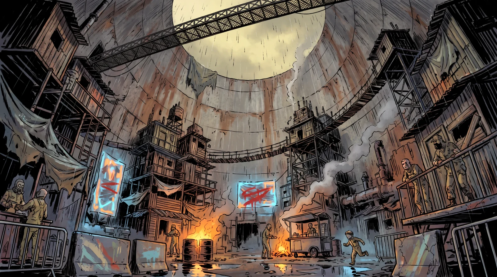 Union Square inside the old cooling tower: shacks and walkways stacked up the curved walls, a painted-over banner, oil-drum fires and a food cart on the wet ground, the open throat of the tower pale above