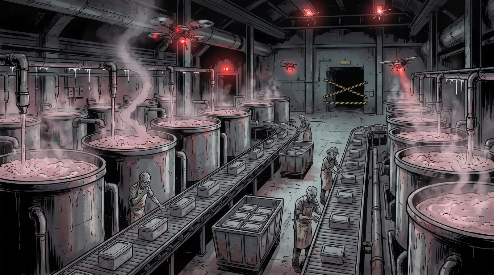 The Processing Wing: rows of steaming vats of pink-grey slurry, conveyor belts of sealed containers, workers bent over the lines and red-eyed drones overhead, a taped-off door at the back
