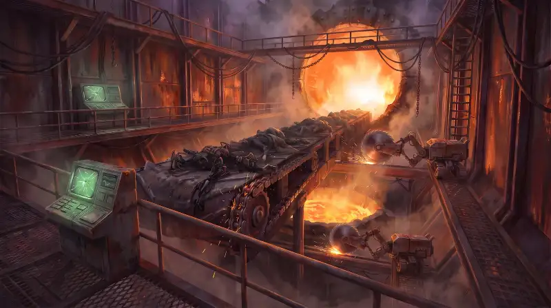 The Pit seen from the grated catwalk: a conveyor dragging a heap of dark shapes toward a vast furnace mouth, a cracked green console on the rail, buzzsaw drones on their tracks and molten slag churning in the crucible below