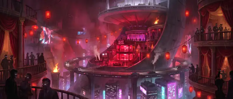 Crimson lanterns strung on cables over the clubs and balconies of Red Velvet Valley