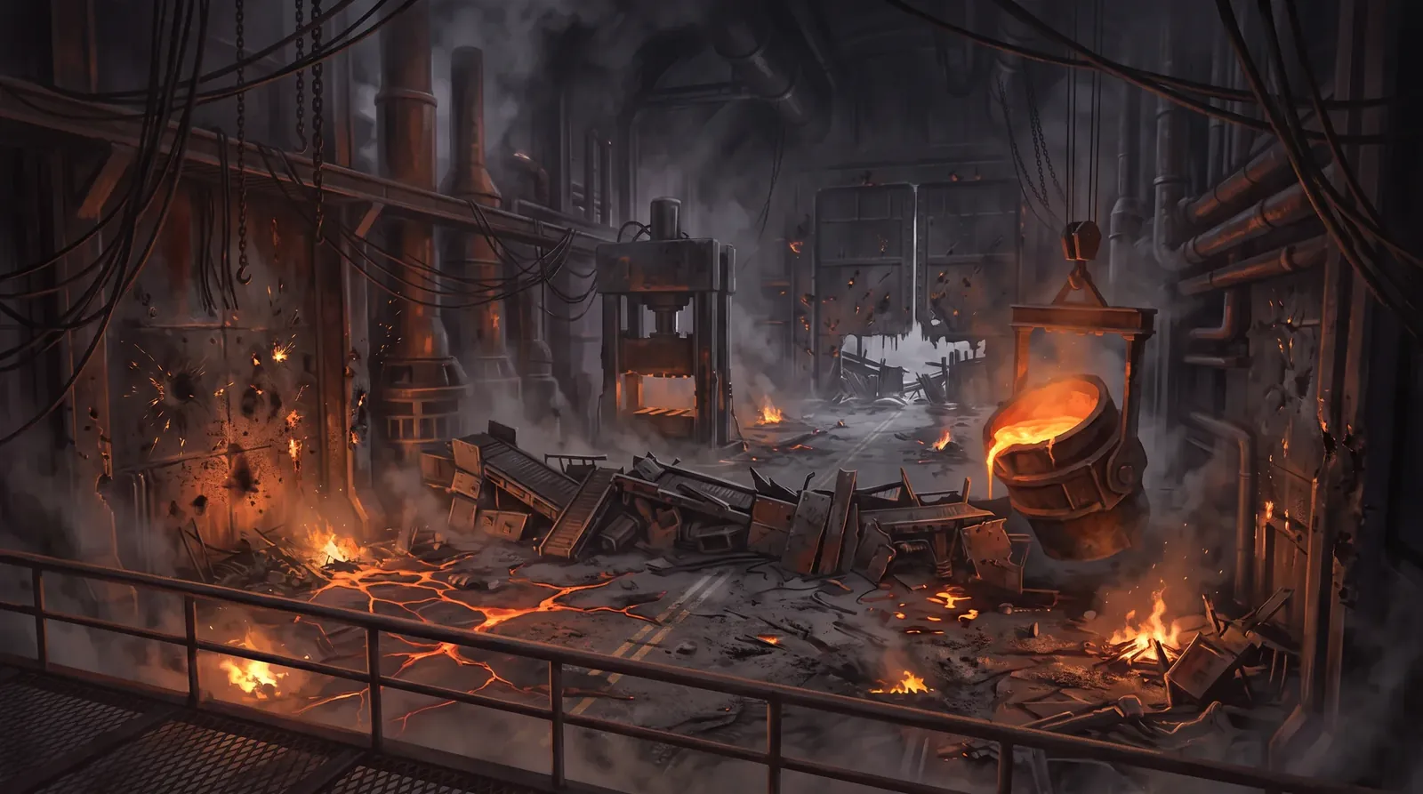 Sector 14 of the Foundry with nobody in it: a broken gate at the far end of a factory hall, a barricade of tipped conveyor belts, a slag ladle tilted over it and a hydraulic press beside the way through, cracks of molten slag glowing in the floor under smoke
