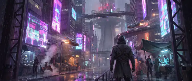A hooded figure seen from behind on a rain-slick Sector-7 street, the Spine rising through the smog