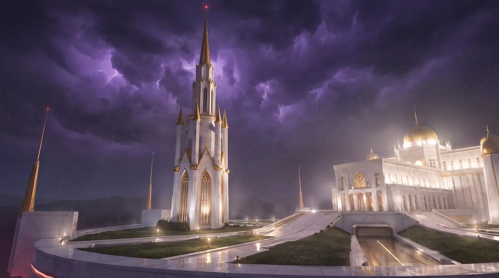 The Siphon Spire at night under a purple storm: a white gothic tower with gold spires and a gold needle standing on a marble terrace, a domed white palace lit beside it