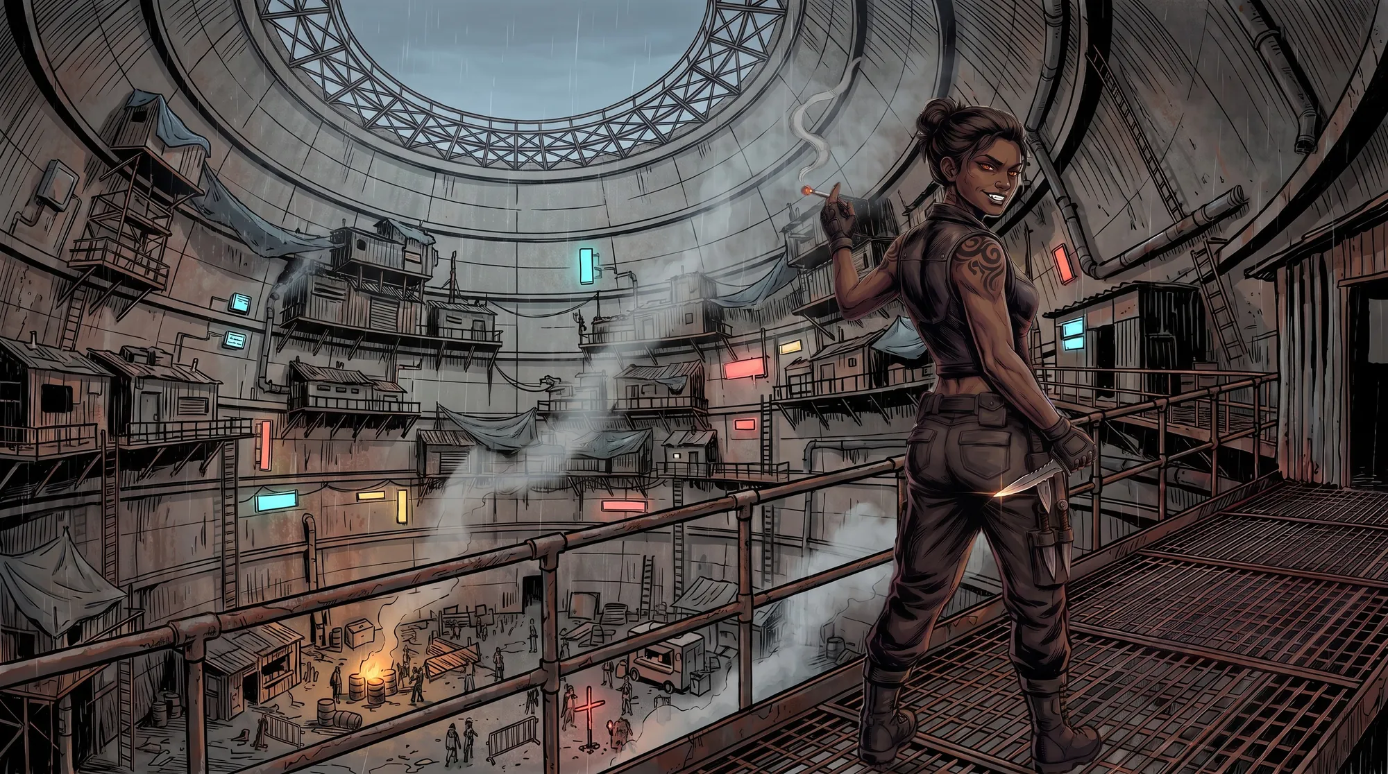 Viper standing on a rusted catwalk high inside Union Square, looking back over her shoulder with amber eyes, a knife held low at her hip catching the light