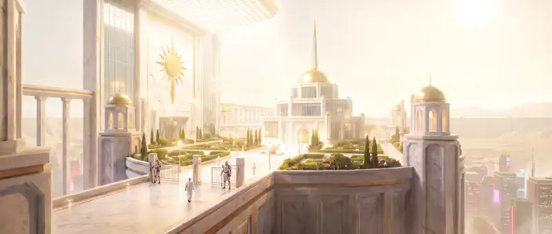 The Zenith: a white marble terrace with gold trim under a blinding artificial daylight sky, a palace with gold domes and a needle spire, the rest of the city far below